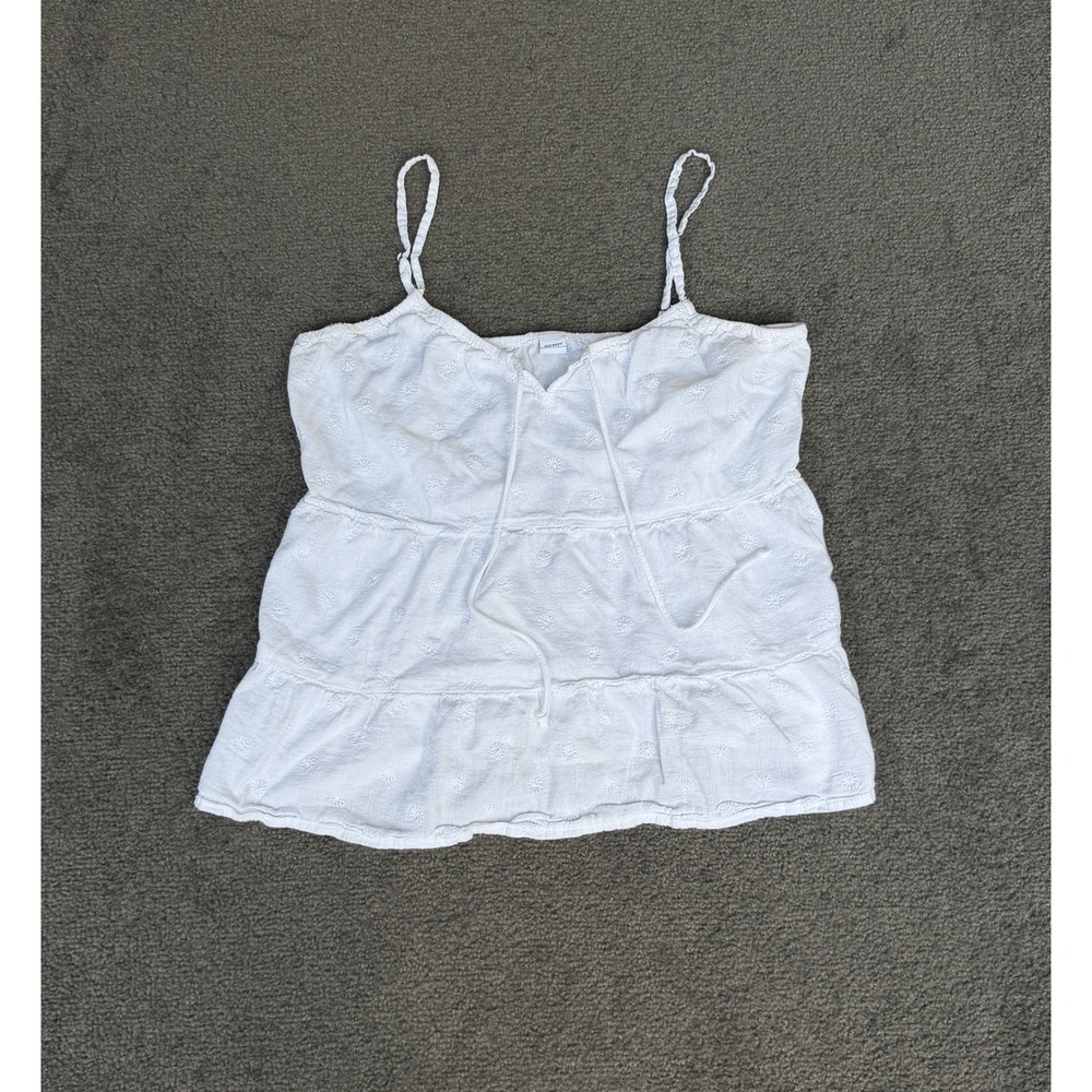 Old Navy White Eyelet Tiered Babydoll Camisole Top XS Floral Embroidered Tie